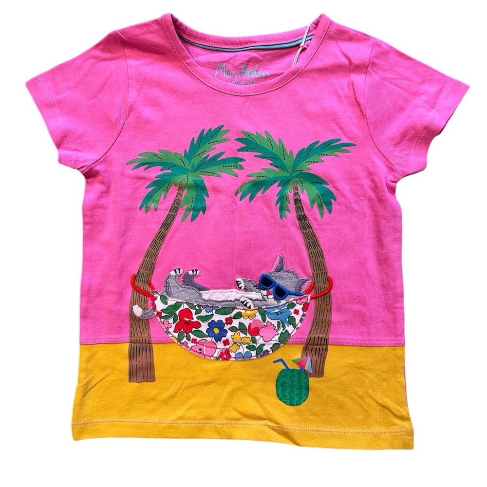 NWT. Mini Boden Plum Blossom Pink Appliqué Cat Kids’ T-Shirt, Size 3-4y